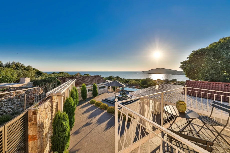 Aerial view od private fenced property of Croatia luxury pet-friendly villa near Trogir with pool