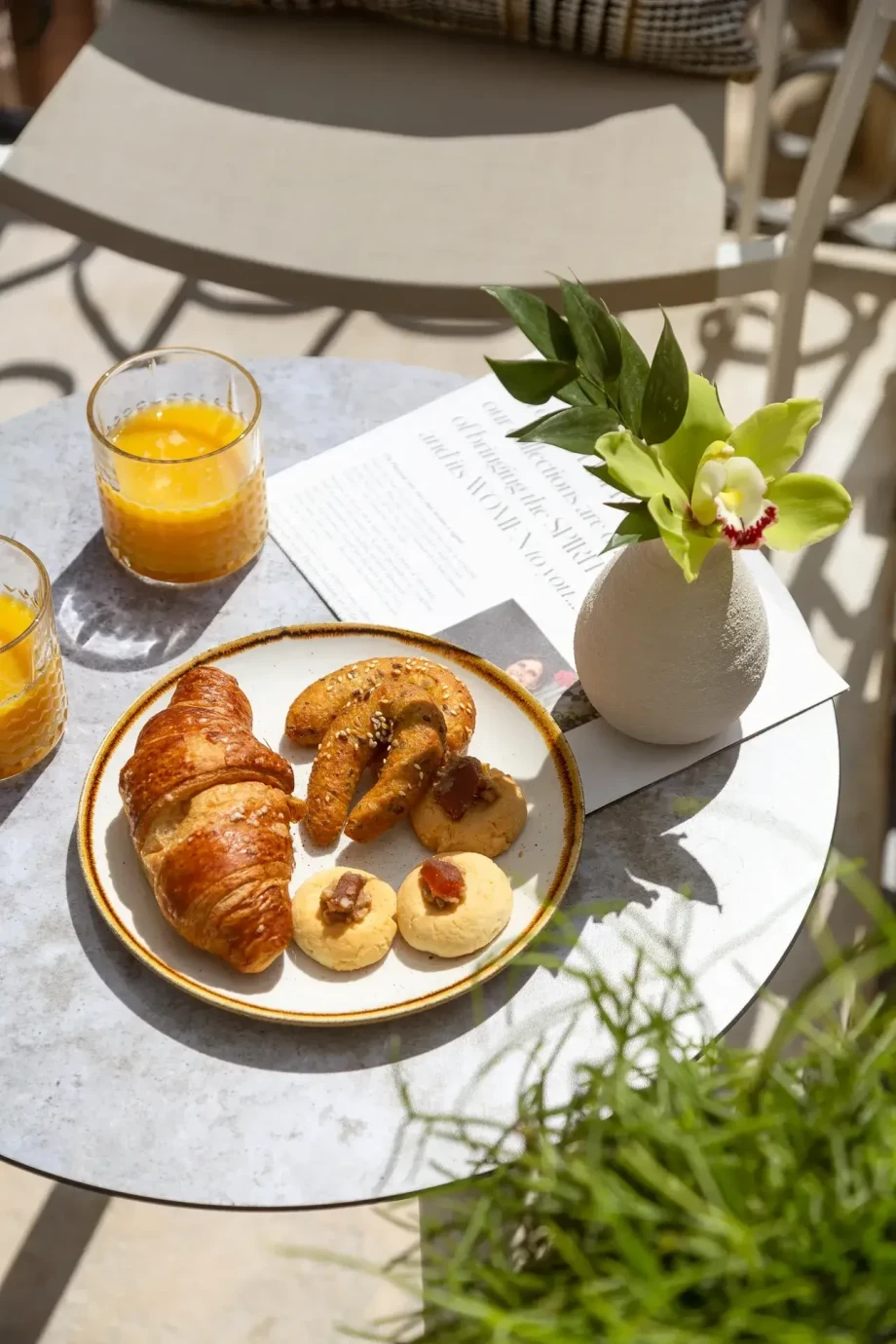 Croissants and juice served on the traditional luxury balconies of Villa Lazuli in Dubrovnik.